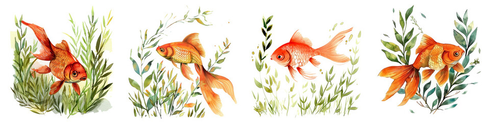 Canvas Print - Collection of vibrant watercolor goldfish among aquatic plants, ideal for summer-themed designs and marine life illustrations, isolated on white background