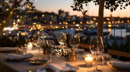 Wall Mural - Elegant outdoor dinner table setting at dusk with a stunning view of a lit city skyline and harbor.