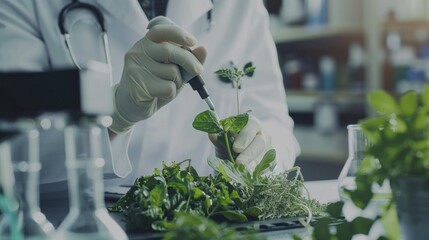 Poster - A doctor is working with plants in a lab