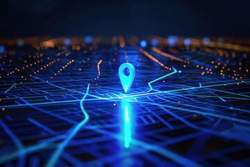 Poster - Digital navigation concept with pinpoint location marker on a futuristic grid map, showcasing modern GPS technology and connectivity.