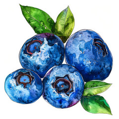 Wall Mural - Vibrant Watercolor Illustration of Indigo Blueberry with Green Leaf on White Background