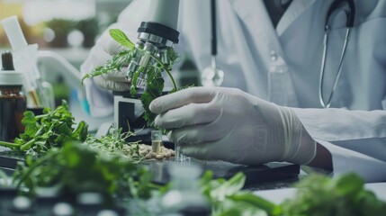Poster - A scientist is examining a plant under a microscope