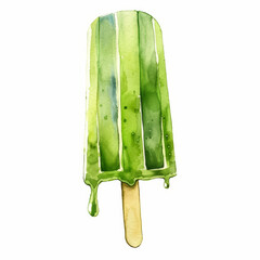 Poster - Vibrant Green Popsicle Melting Under the Golden Sun   Watercolor Illustration on White Background