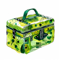 Sticker - Watercolor Illustration of a Vibrant Green Lunchbox with Playful Patterns on a White Background