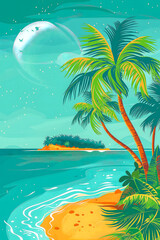 The vertical illustration of a tropical island with palm trees on the water, made in a minimalist style, is ideal for advertising travel, tourism and beach holidays.