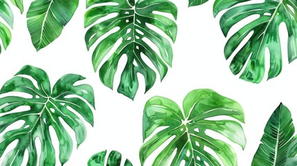Wall Mural - Tropical Monstera Leaves Seamless Pattern on White Background Watercolor Design for Textile and Wallpaper