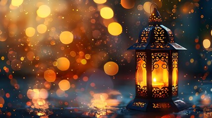 Wall Mural - Islamic lanterns on festive blurred backdrop. Moroccan lanterns at night. Glittering party garlands. Ramadan kareem, Eid Mubarak. eid al adha.