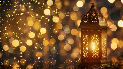 Islamic lanterns on festive blurred backdrop. Moroccan lanterns at night. Glittering party garlands. Ramadan kareem, Eid Mubarak. eid al adha.
