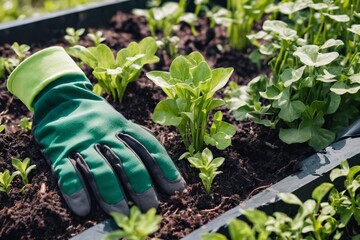 Wall Mural - Green gardening gloves lie on a garden bed or flowerbed, among the plants. Hands in gloves caring for a young plant, gardening concept.