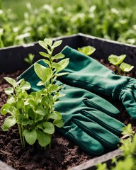 Wall Mural - Green gardening gloves lie on a garden bed or flowerbed, among the plants. Hands in gloves caring for a young plant, gardening concept.