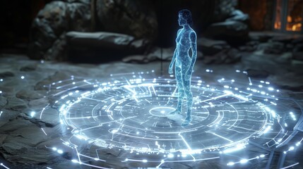 Poster - A holographic figure of a woman stands on a glowing circular platform. The platform has a complex, futuristic design.