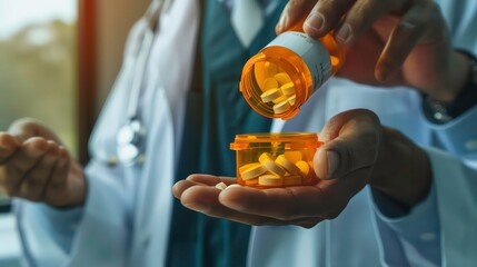 Close up of a doctor pouring prescription medicine pills from prescription pill bottle on hand, concept of stopping drugs, medication caring, healthy care. Generative AI