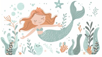 Wall Mural - Vector illustration of a beautiful mermaid.