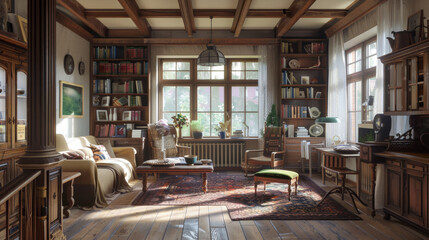 Wall Mural - A large room with a fireplace and a lot of books