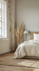 a white and wooden bedroom interior featuring a comfortable bed, natural color scheme, soft lighting, neutral tones, and bohemian decor elements.
