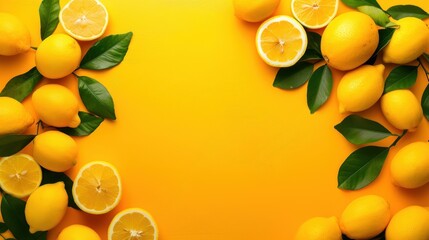 A yellow background with a bunch of lemons and orange slices on it