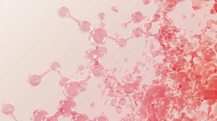 Poster - Digital illustration of pink liquid molecule with transparent, glossy spheres interconnected on a soft pink background, creating depth and dimension.