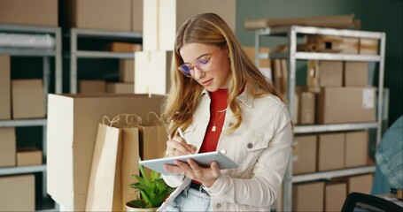 Poster - Delivery, inventory and woman on tablet for shipping, distribution and courier service. Ecommerce, small business and person on digital tech for online shopping, logistics and email order with boxes