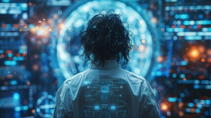 Aufkleber - A person stands in a futuristic setting, facing a holographic display, likely participating in a remote endocrinology consultation.
