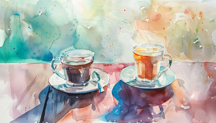 Wall Mural - A white coffee cup with a brown rim sits on a plate with a cinnamon stick