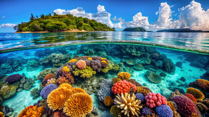 A top view of a vibrant coral reef and a lush island. Digital art ideal for environmental campaigns, travel brochures, and as promoting awareness of marine ecosystems.