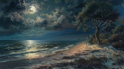 Sticker - Moonlit Night on the Seashore