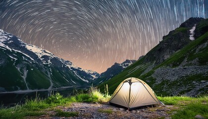 Wall Mural - A tent in the mountains under the starry sky