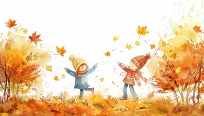 Canvas Print - Two children are playing in a field of autumn leaves