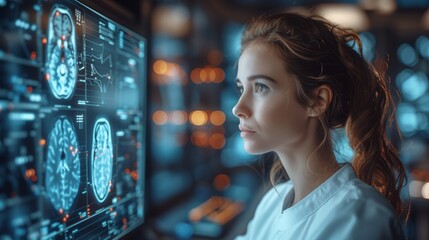 Aufkleber - A woman in a white coat examines holographic images of brains during an oncology consultation.