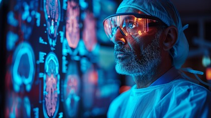 Poster - A surgeon wearing a surgical gown and goggles examines holographic imaging during a medical procedure.