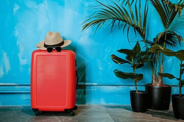 Red suitcase with hat and glasses over blue wall in background and with tropical plants in vase.