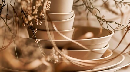 Close-up of a stack of ceramic bowls, featuring a natural, earthy color palette and delicate dried flowers in the foreground