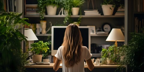 Wall Mural - Woman using computer in stylish home office with plants and shelves. Concept Home Office Setup, Stylish Decor, Indoor Plants, Productive Workspace, Modern Interior
