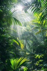 Wall Mural - Deep tropical rainforest with green plants, moss, ferns.