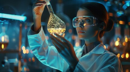 Fototapete - A female scientist in a lab coat examines a flask filled with a glowing yellow liquid. She wears safety goggles and is surrounded by laboratory equipment and lighting.