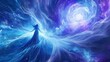 © Constantine Art - A woman in a flowing gown meditates surrounded by a swirling vortex of cosmic energy, bathed in blue and purple hues
