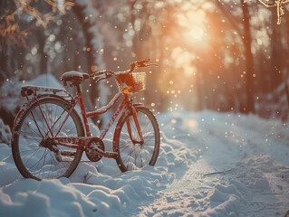 Wall Mural - Red Bicycle in Snowy Winter Forest at Sunset