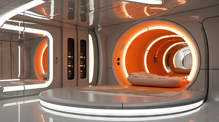Canvas Print - Spaceship or lab interior in retro futuristic sci-fi style with round doors.