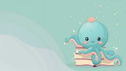 Cute smiling blue Baby Octopus Studying with Books on blue and green Background. Flat Design Illustration. Copy Space. School time concept. Suitable for Banner, Poster, Wallpaper, Flyer, Brochure