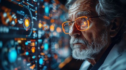 Aufkleber - A man wearing glasses observes a holographic screen displaying medical data and information, likely interacting with a virtual doctor.
