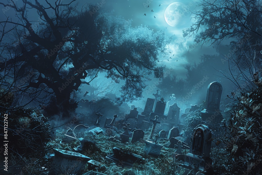 Eerie moonlit graveyard with ancient tombstones, ghostly figures ...