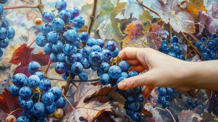 Wall Mural - Picking Blue Grapes by a Female Hand Harvest Scene with Tonal Effect