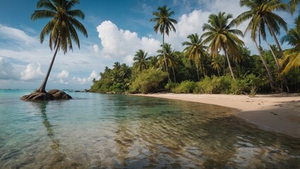 Wall Mural -  panorama of tropical beach with coconut palm trees 