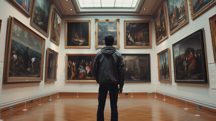 A solitary man in casual attire stands inside the museum.