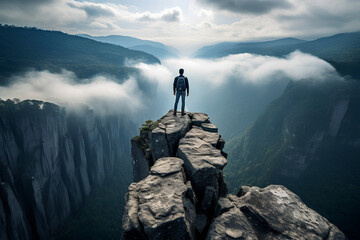 Man walking on the edge of a cliff high above the mountains