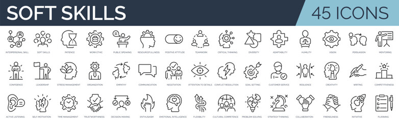 Set of 45 outline icons related to soft skills. Linear icon collection. Editable stroke. Vector illustration