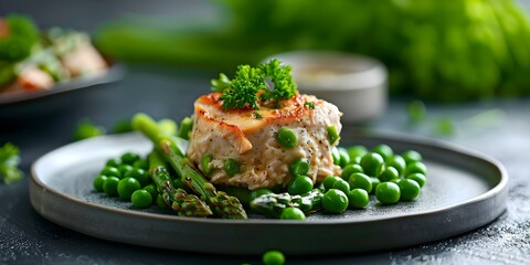 Wall Mural - Chicken Fricassee Pate with Asparagus, Peas, and Parsley Garnish. Concept French Cuisine, Poultry Dish, Asparagus Recipes, Peas Side Dish, Fine Dining