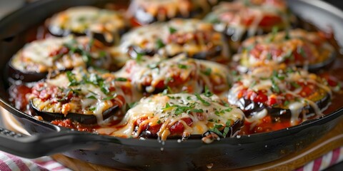 Wall Mural - Skillet-Cooked Eggplant Parmesan with Melted Cheese and Herbs. Concept Eggplant Parmesan, Skillet Cooking, Cheesy Comfort Food, Herbs and Spices