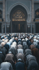 Muslims praying together in a mosque. Muslims listen to sermons during Friday prayers in congregation