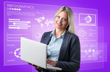 Sticker - Photo collage of young woman browsing infographic presentation